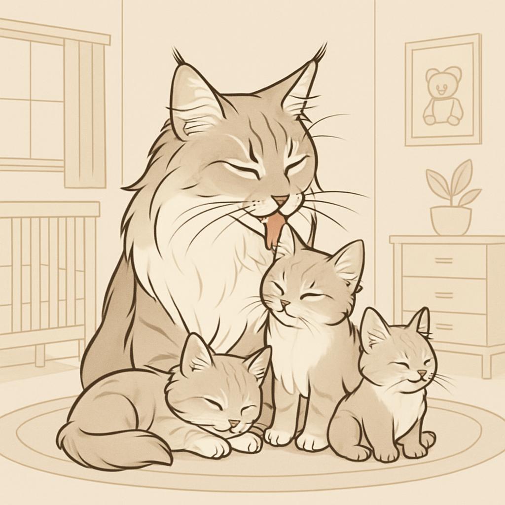 "A cartoon illustration of a large and small cat cuddling together sits in a large living room with a nursery crib in the ...