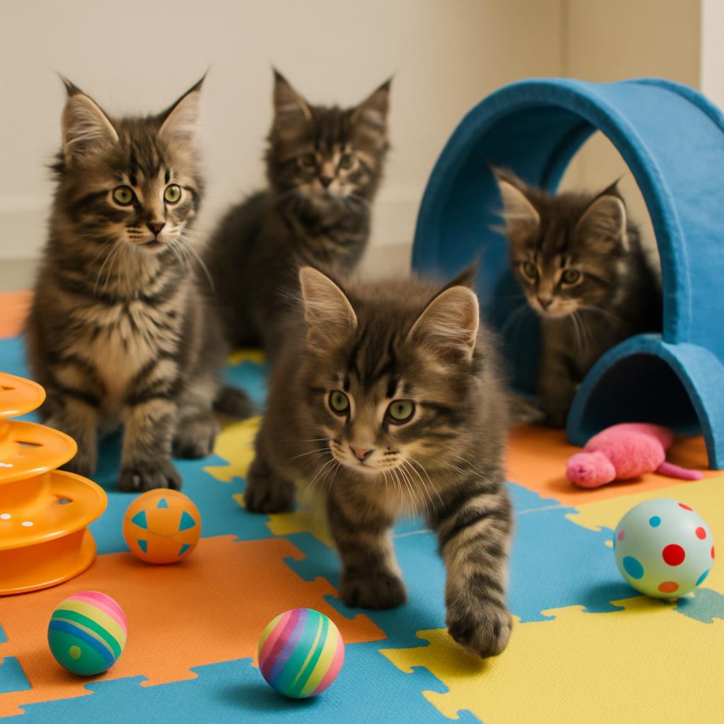 This is an image of four tabby kittens playing on a colorful floor and runway system. The kittens are in various focus, bu...
