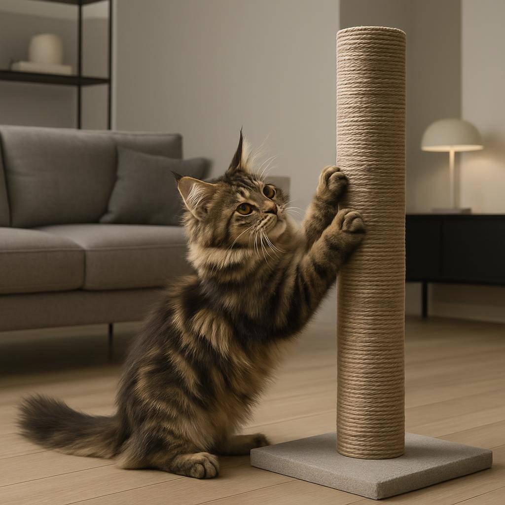 A cat with medium-length fur enjoys playtime with its scratching post, a tall piece of furniture secured in a base of a sq...