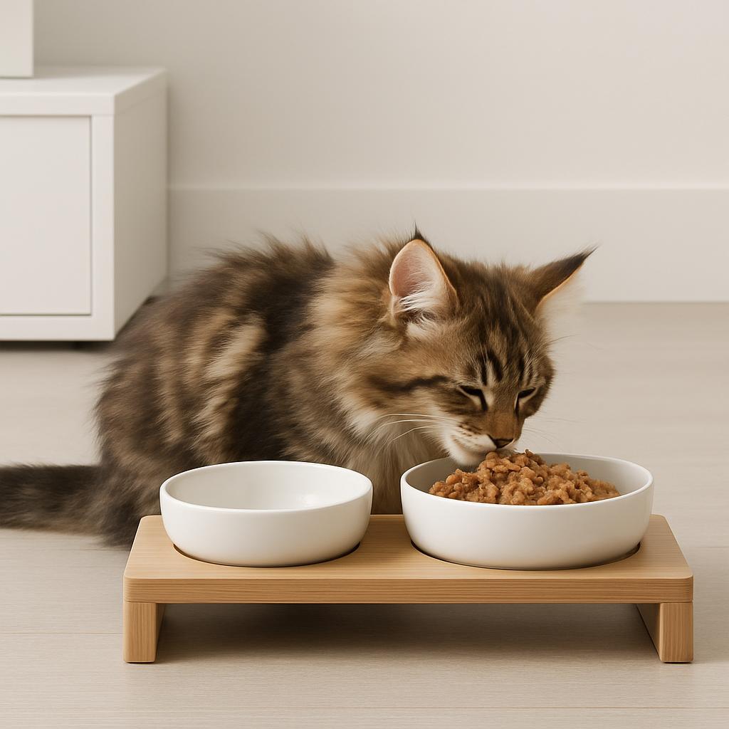 A fluffy brown and white cat sniffs its food from two identical white ceramic bowls, indicating a basic similarity between...