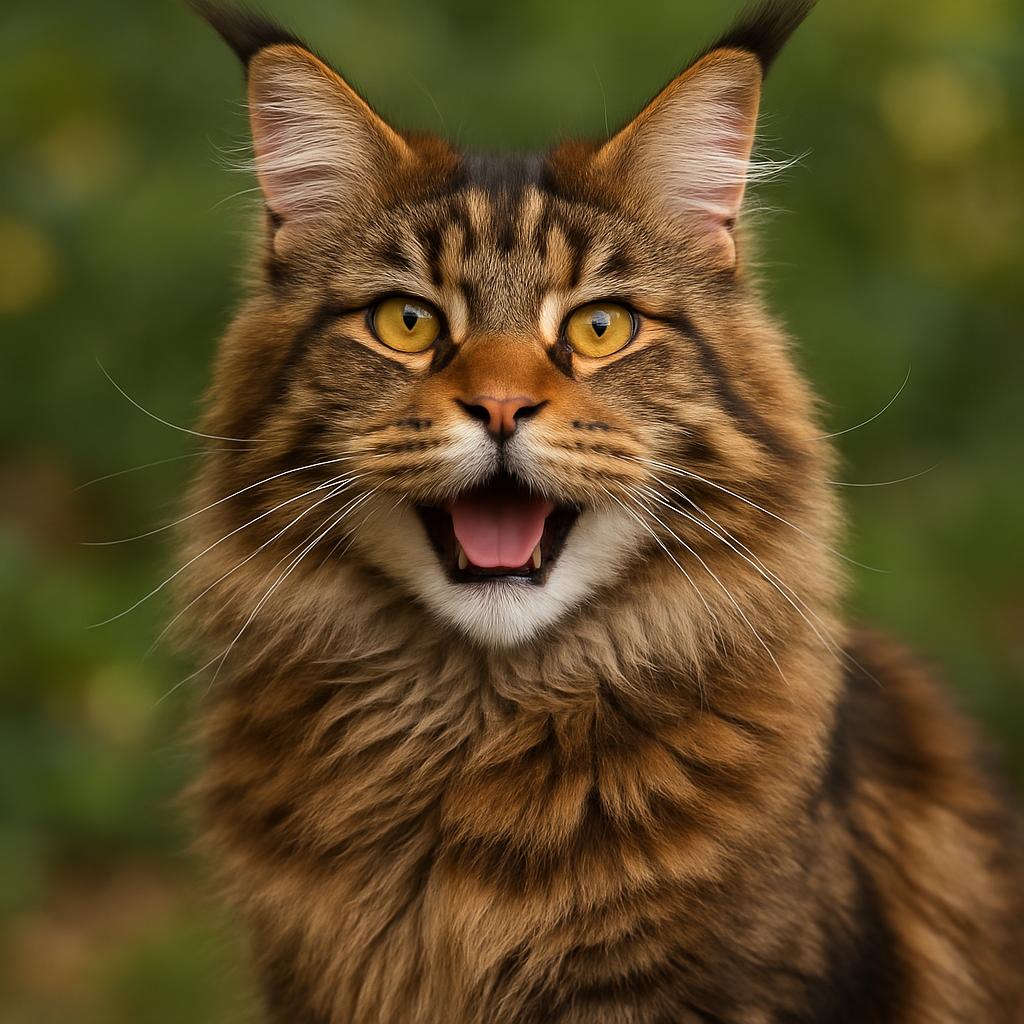 A long-haired brown tabby cat, open-mouthed, possibly hissing or roaring, staring directly at the camera with partly dilat...